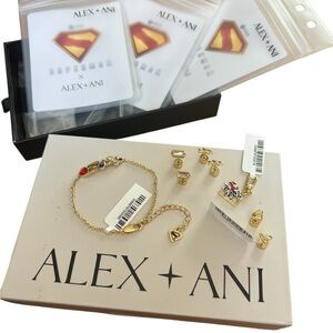 Alex and Ani Superman Collab of bracelet , Studs and charm with gift box NWT